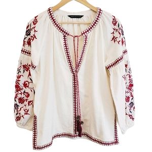 Zara Ivory Red Embroidered Peasant Boho Top XS